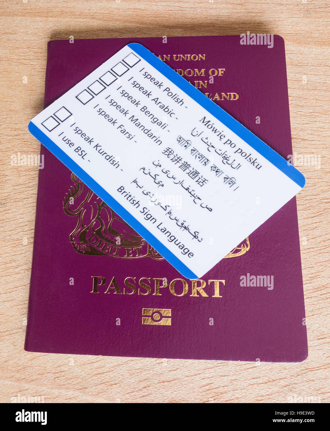 United Kingdom passport with NHS help card for those who don`t English. England. UK Stock Photo